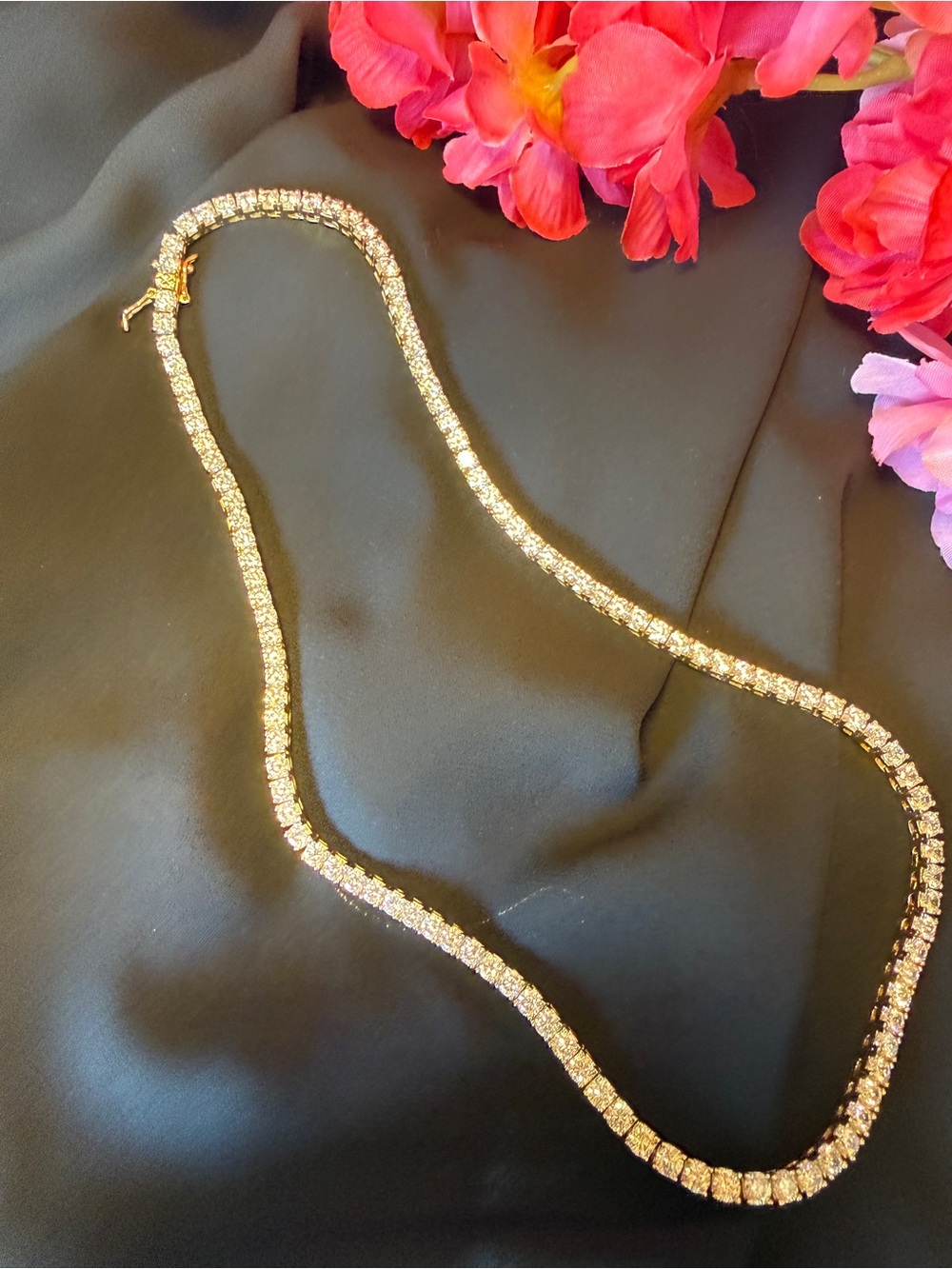 Classic Gold Tennis Necklace with Clear Crystals - Picture 9 of 11
